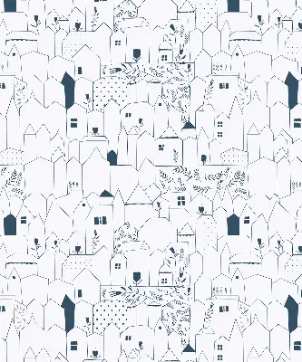 Blackout roller blind drawn houses pattern