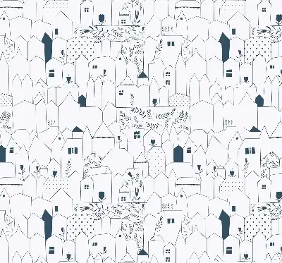 Blackout roller blind drawn houses pattern
