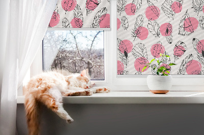 Blackout roller blind with a feathers and pink dots pattern