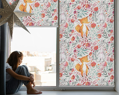 Fabric roller blind for window with animals and plants pattern