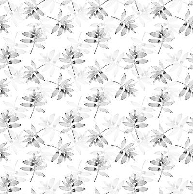 Fabric roller blind for window with gray sketched leaves pattern
