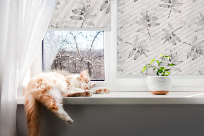 Fabric roller blind for window Gray sketched leaves
