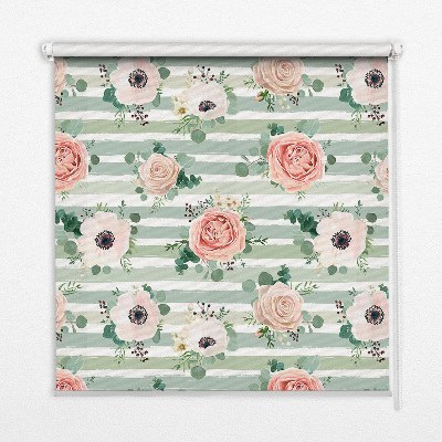 Blackout roller blind for window Roses on green horizontal stripes