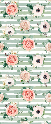 Blackout roller blind for window with roses on green horizontal stripes