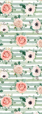 Blackout roller blind for window with roses on green horizontal stripes