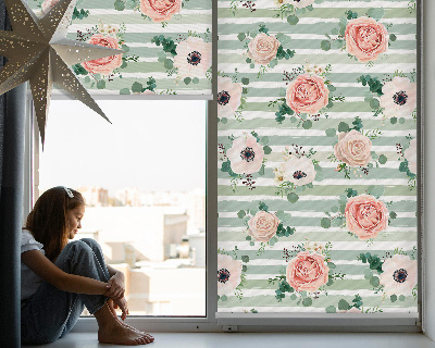 Blackout roller blind for window Roses on green horizontal stripes