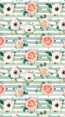 Blackout roller blind for window with roses on green horizontal stripes