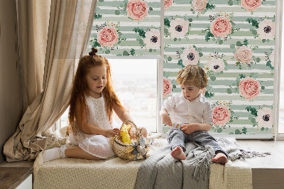 Blackout roller blind for window Roses on green horizontal stripes