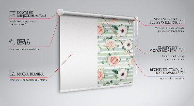Blackout roller blind for window Roses on green horizontal stripes