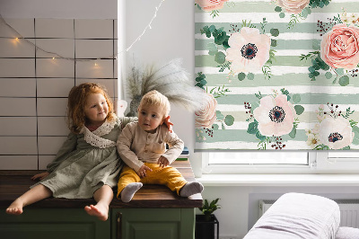Blackout roller blind for window Roses on green horizontal stripes