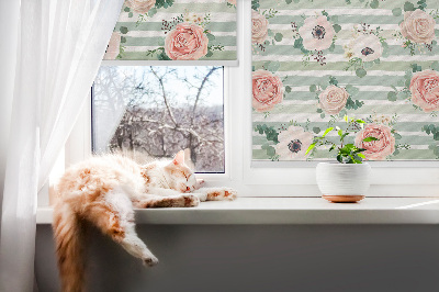 Blackout roller blind for window Roses on green horizontal stripes