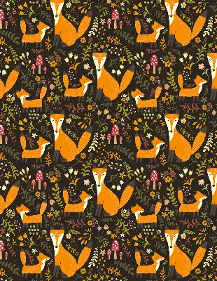 Blackout roller blind with foxes and plants pattern