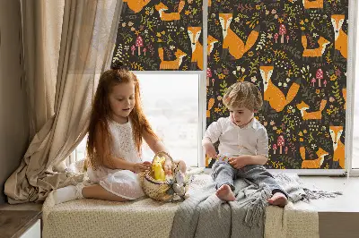 Blackout roller blind with foxes and plants pattern