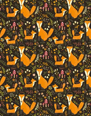 Blackout roller blind with foxes and plants pattern