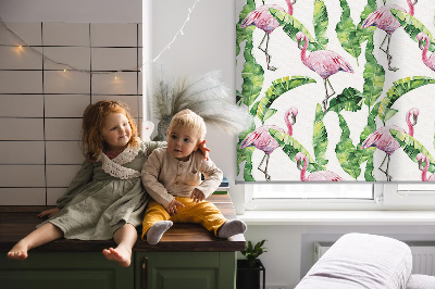 Fabric roller blind for window Flamingos by the leaves
