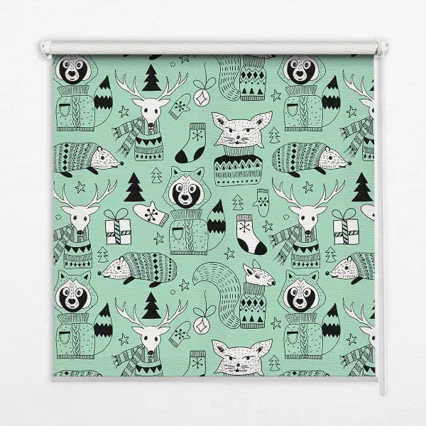 Fabric roller blind for window with winter animals print