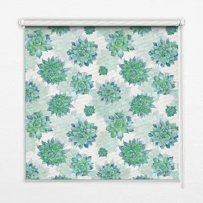 Blackout roller blind for window with green flowers print