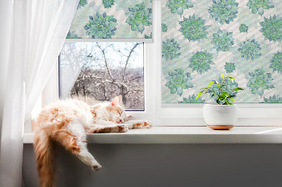 Blackout roller blind for window with green flowers print