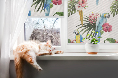 Fabric roller blind for window Parrot on flowers