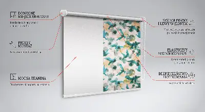 Blackout roller blind for window with birds and colorful spots pattern