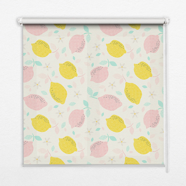 Fabric roller blind for window pink and yellow lemons print
