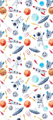 Blackout roller blind for window with rockets, cosmonauts, planets, and UFOs