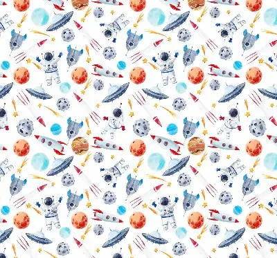 Blackout roller blind for window with rockets, cosmonauts, planets, and UFOs