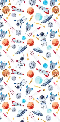 Blackout roller blind for window with rockets, cosmonauts, planets, and UFOs