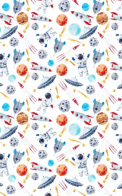 Blackout roller blind for window with rockets, cosmonauts, planets, and UFOs