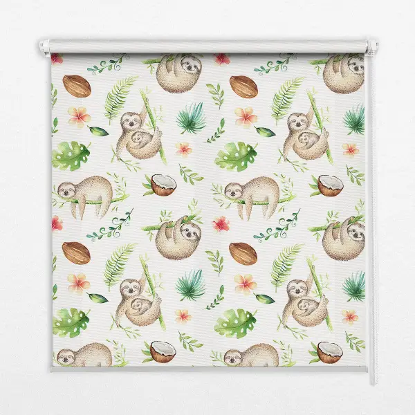 Blackout roller blind with sloths and plants print