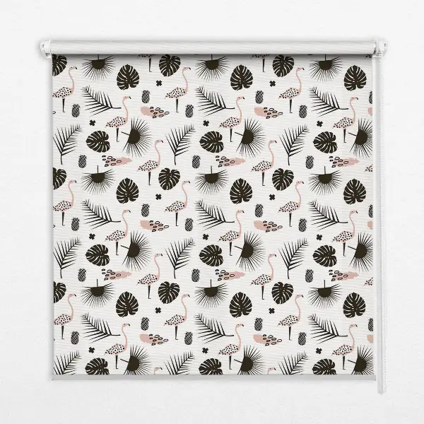 Blackout roller blind for window with flamingos and leaves pattern