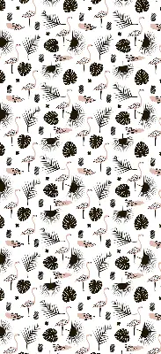 Blackout roller blind for window with flamingos and leaves pattern