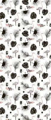 Blackout roller blind for window with flamingos and leaves pattern