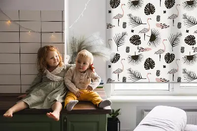 Blackout roller blind for window with flamingos and leaves pattern