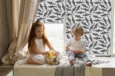 Fabric roller blind for window with sharks pattern