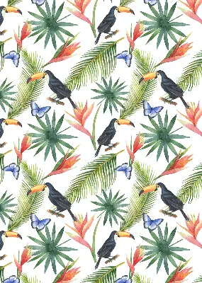 Blackout roller blind with toucans on flowers print