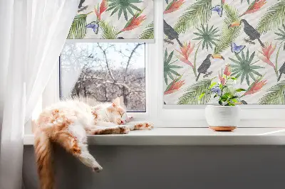 Blackout roller blind with toucans on flowers print