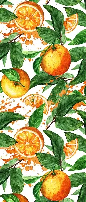 Fabric roller blind for window with oranges and leaves print