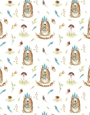 Blackout roller blind with teddy bears and plants print