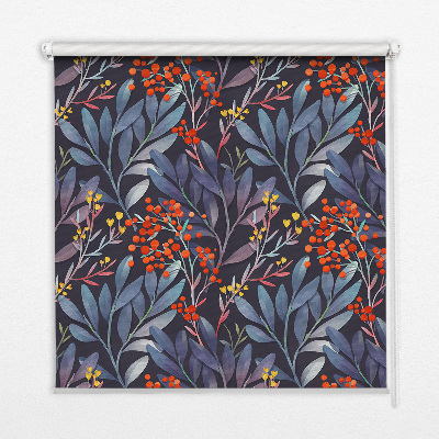 Blackout roller blind dark leaves and rowan print