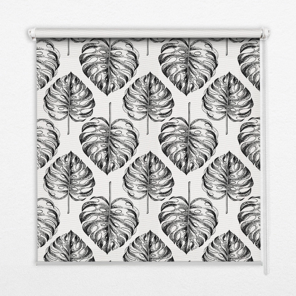 Blackout roller blind for window with a gray leaves pattern