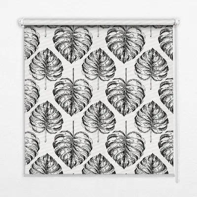 Blackout roller blind for window with a gray leaves pattern