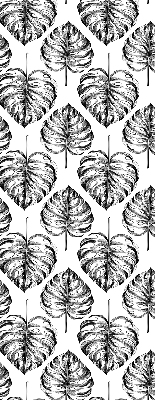Blackout roller blind for window with a gray leaves pattern