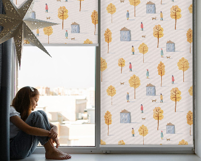 Fabric roller blind for window Houses among the trees