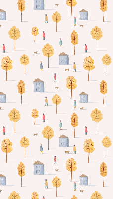 Fabric roller blind for window Houses among the trees