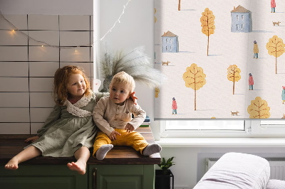Fabric roller blind for window Houses among the trees