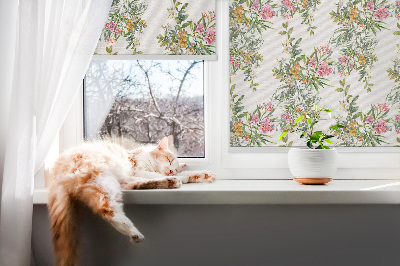 Fabric roller blind for window with a flowers pattern