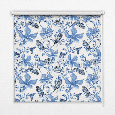 Fabric roller blind for window with a blue butterflies pattern