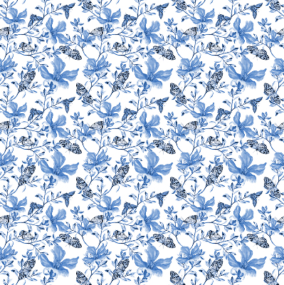 Fabric roller blind for window with a blue butterflies pattern