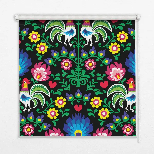Fabric roller blind for window colorful roosters pattern